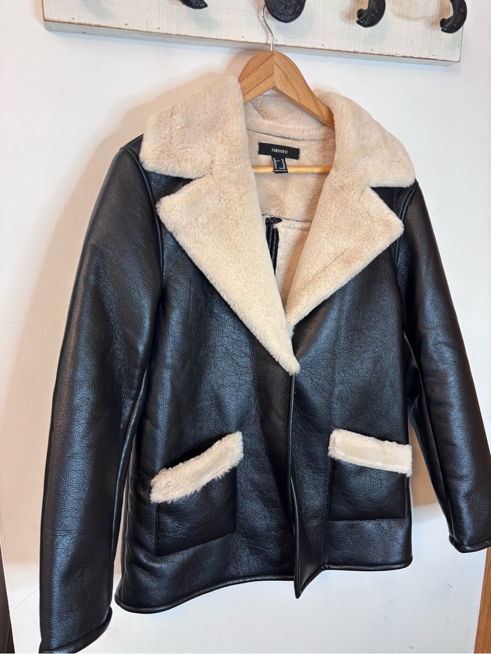 Forever 21 Black Faux Leather Mid Length Jacket with Cream Shearling Trim